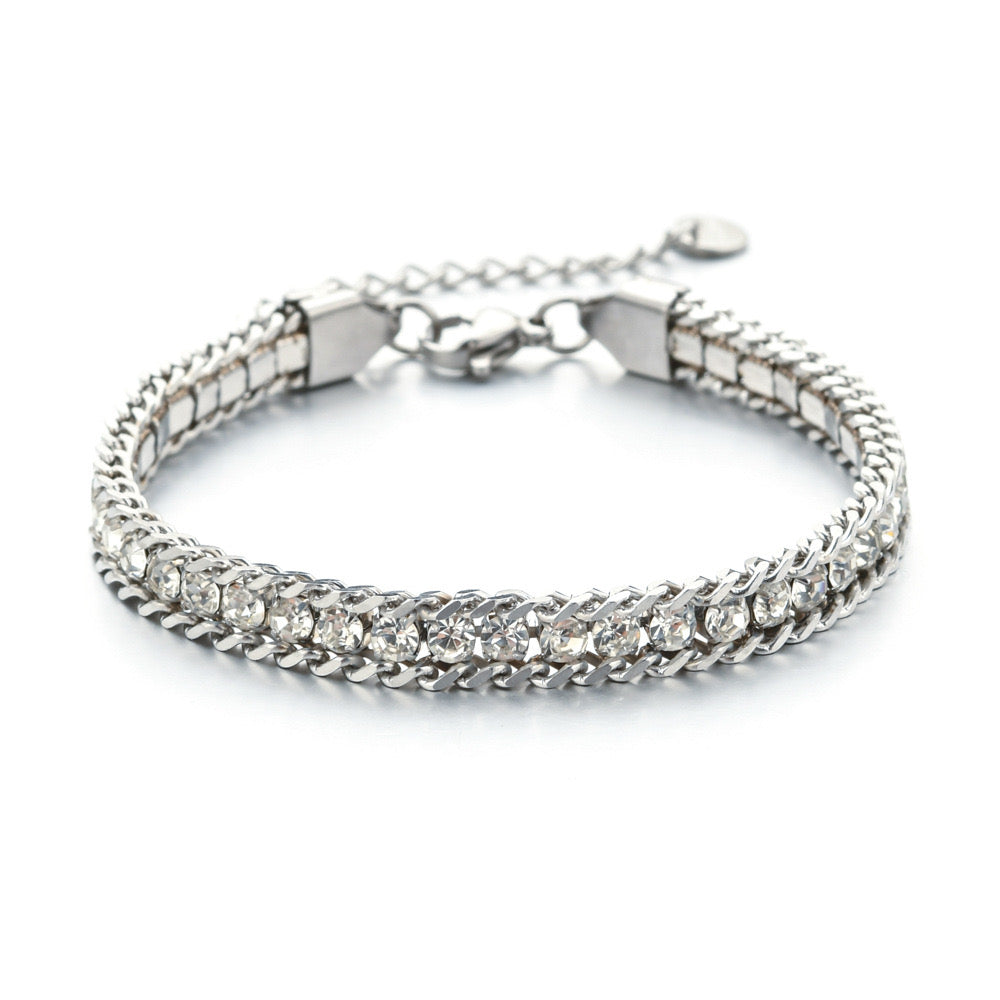 B889 Brazalete cristales brillantes plateada acero inoxidable 304