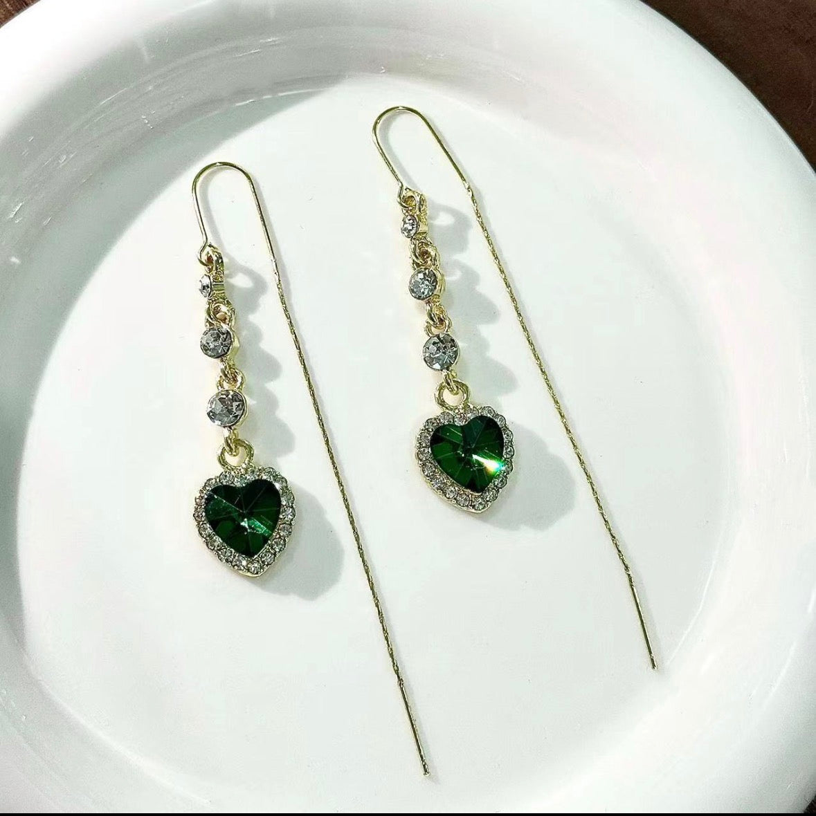 E7094 Aretes corazón colgante verde esmeralda violador aleacion 8cm