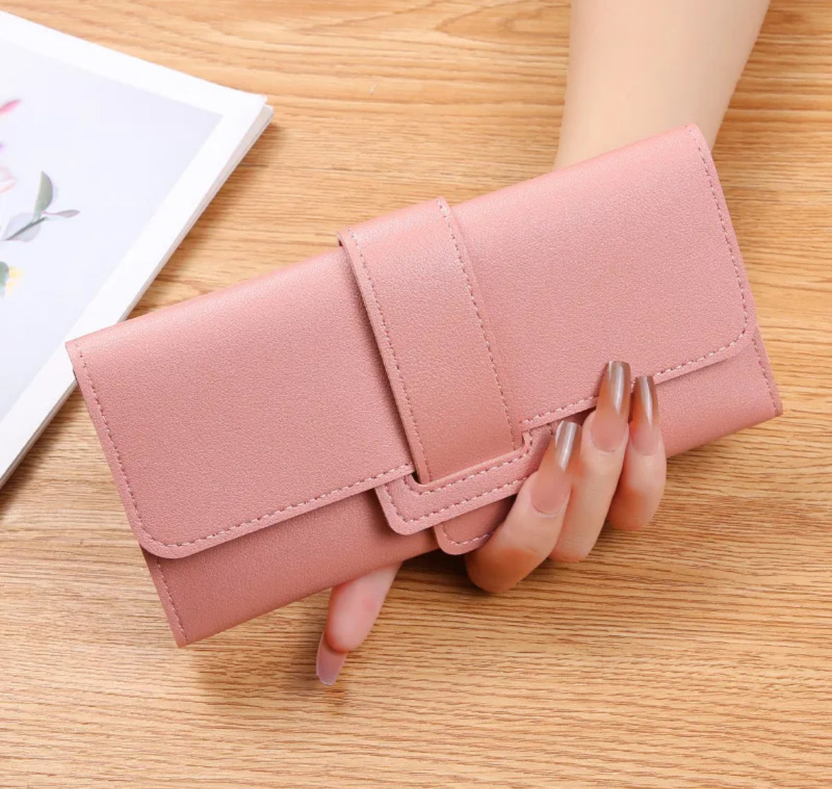 Cr96 Cartera para mujer rosa cuero sintético 19cm x9cm