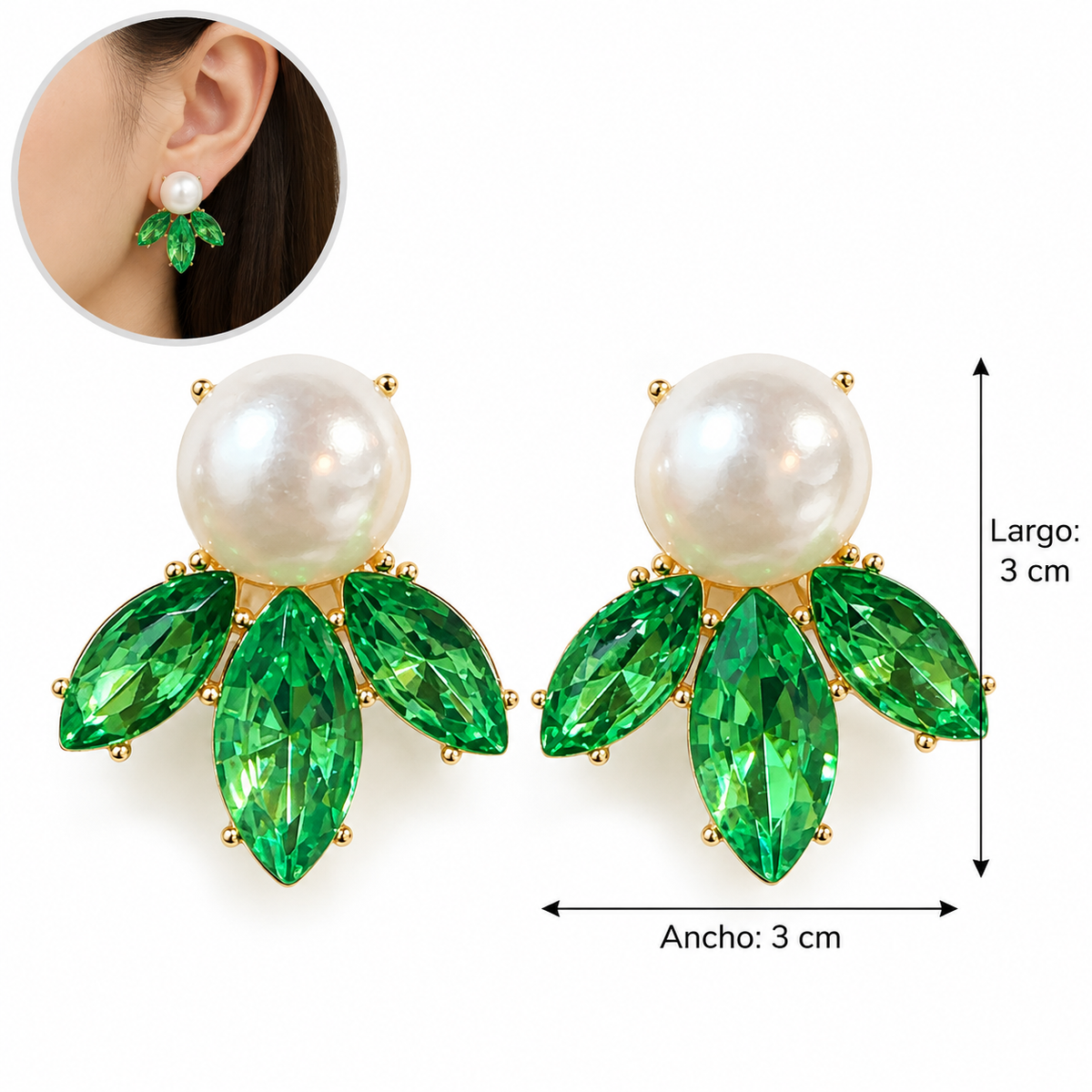 E7550 Aretes de perla imitacion con cristal verde aleacion