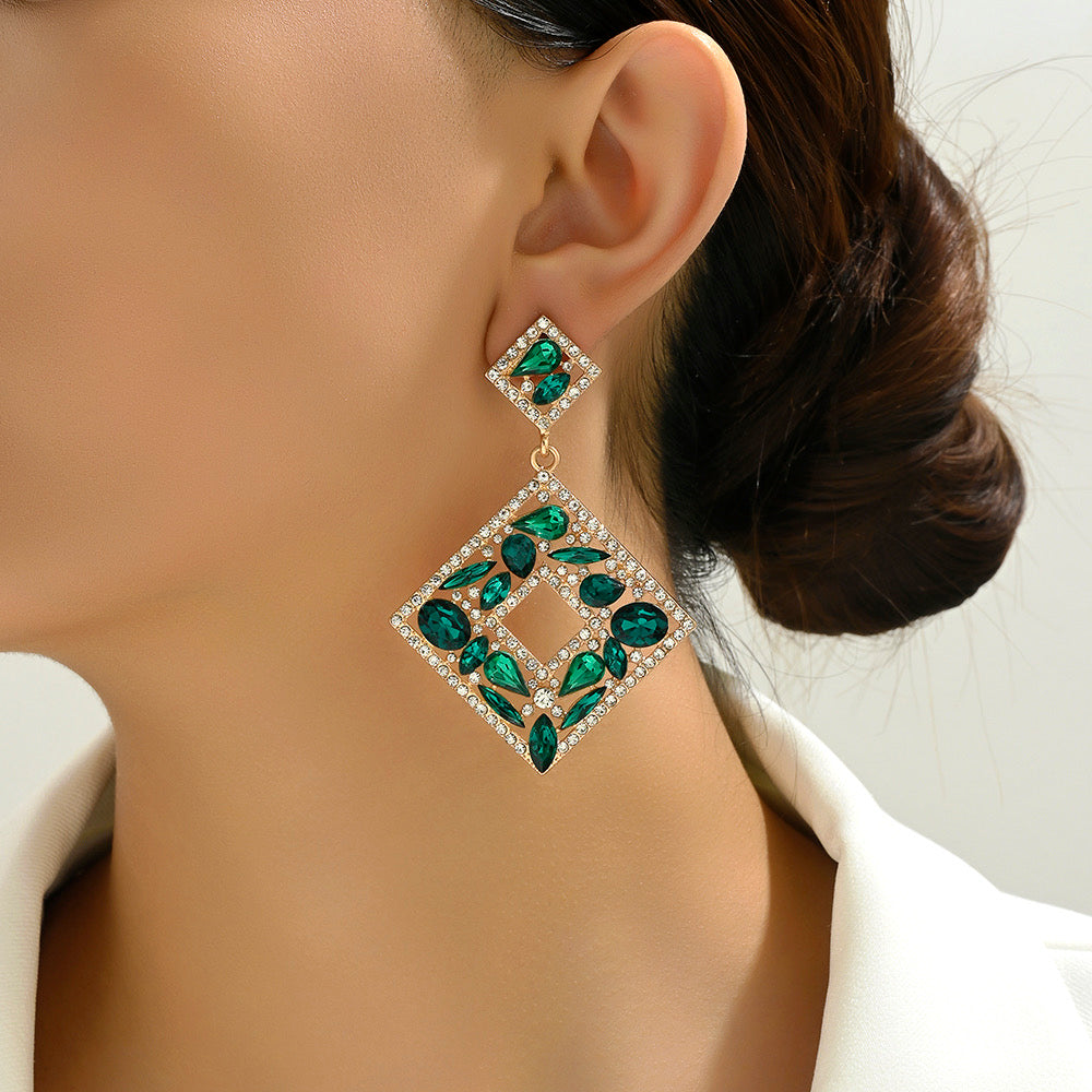 E3538 Aretes rombo verde cristal fiesta aleacion 7cm