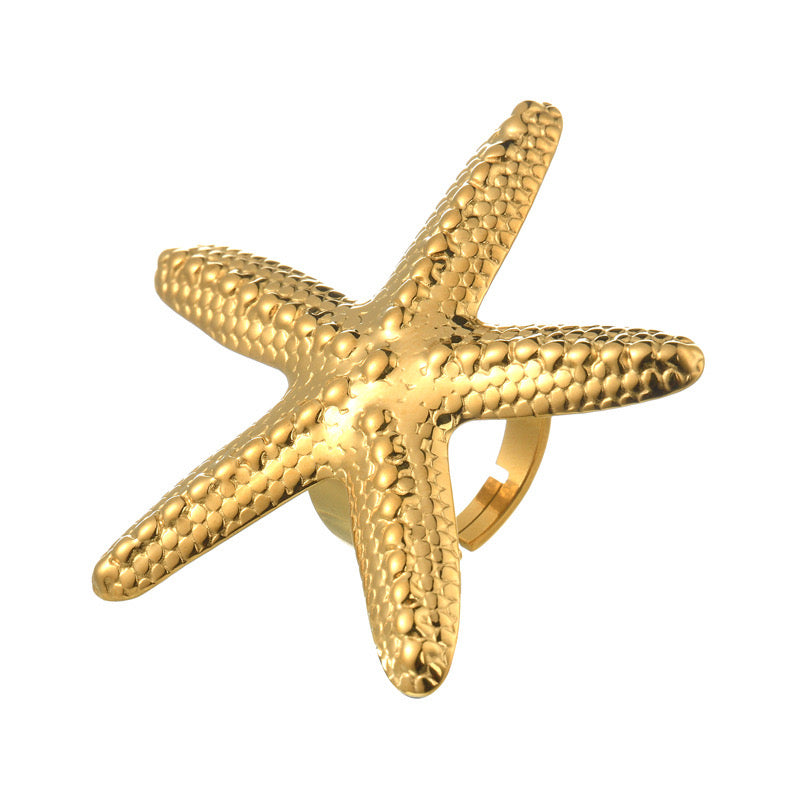 A172 Anillo estrella de mar acero inoxidable chapado en oro 18k abierto estrella mide 3.5cm