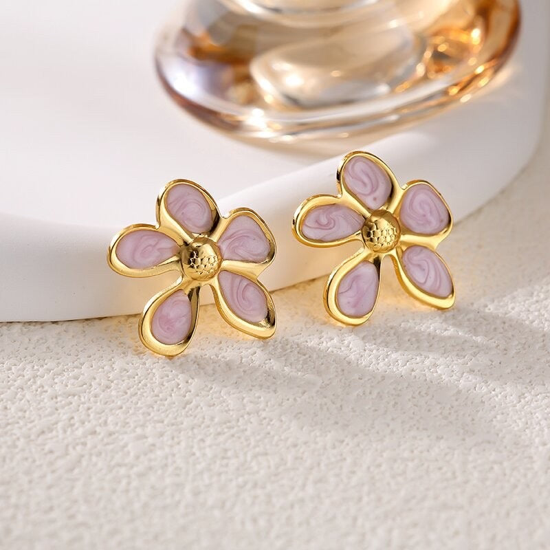 E4637 Aretes flor rosa acero inoxidable 4cm