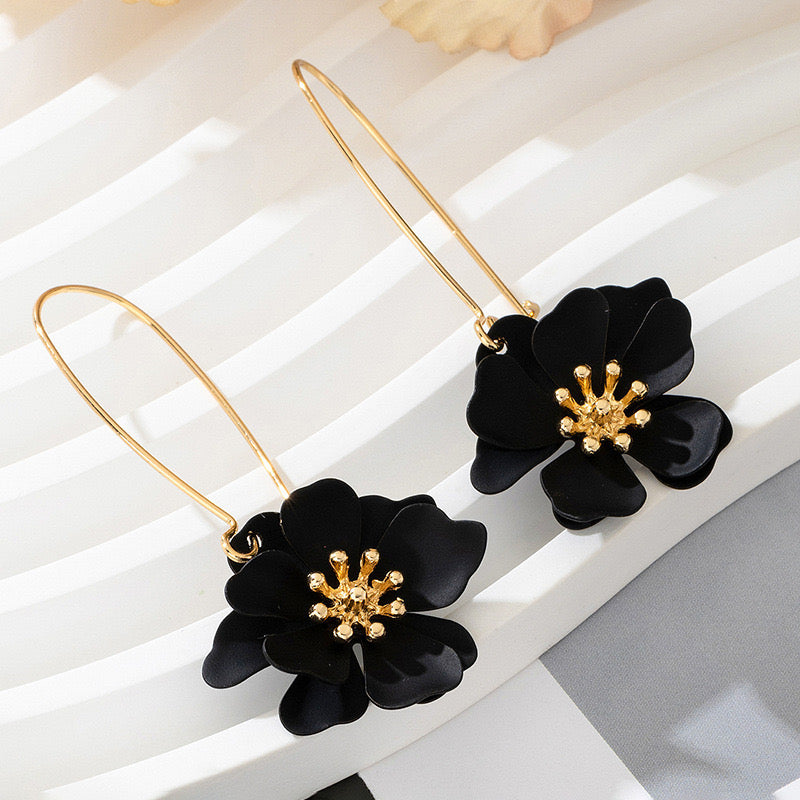 E4514NEG Aretes flor colgante aleacion 5.5cm