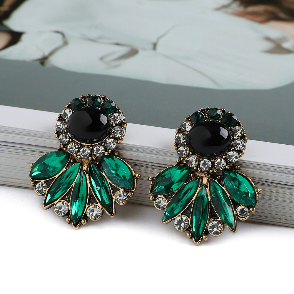 E3154 Aretes flor cristal verde aleacion largo 3.5cm