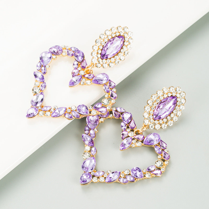 E3172 Aretes corazon cristal lila aleacion largo 8cm