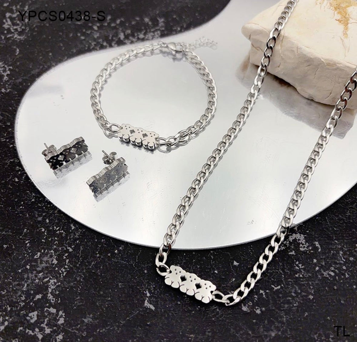 C1201 conjunto de collar pulsera y aretes osos plateados acero inoxidable chapado en oro de 18k