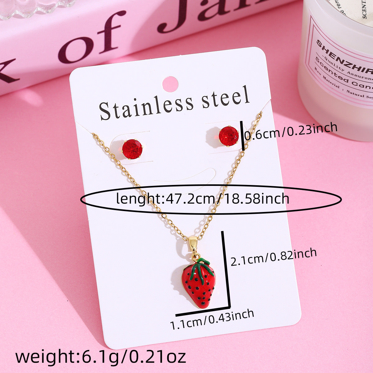 C935 Conjunto de aretes y aretes fresa acero inoxidable 21cm largo 1cm dije