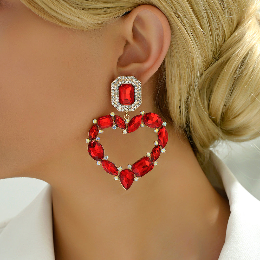 E5037 Aretes corazón cristal rojos de fiesta elegantes aleacion 8cm