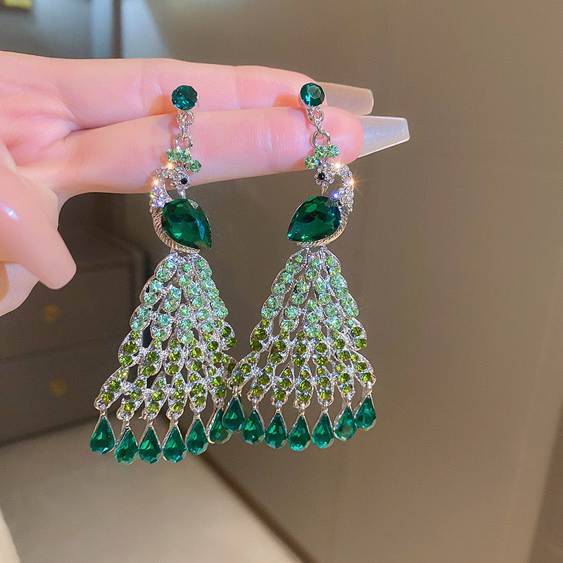 E7364 Aretes pavo real cristal brillante elegantes de fiesta 9cm