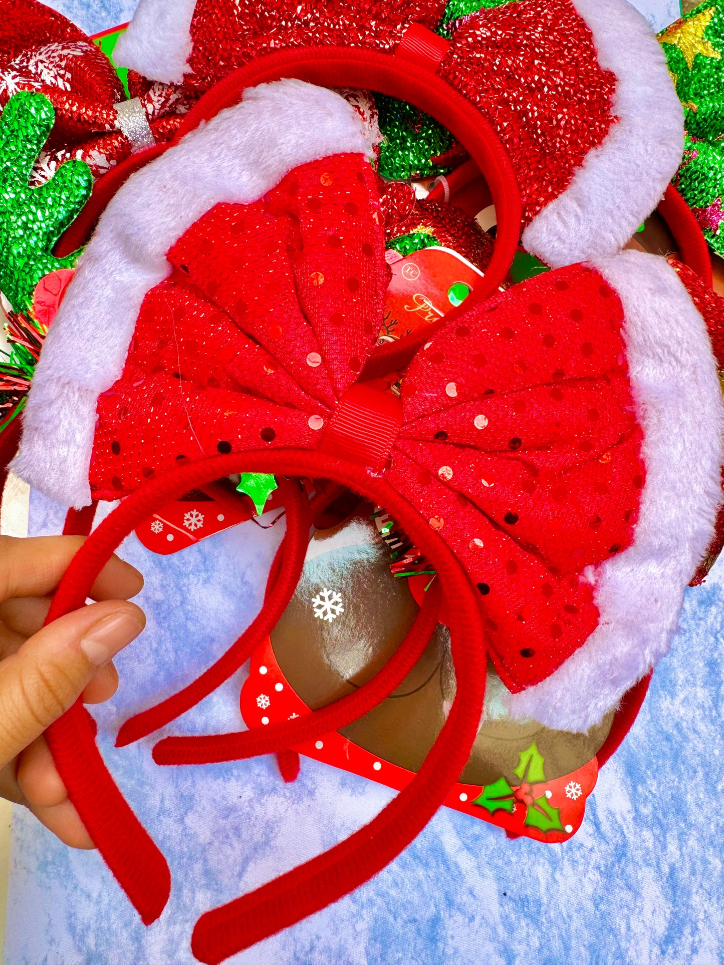AC159 Diadema navideños moño rojo lentejuela niña/adulto unitalla