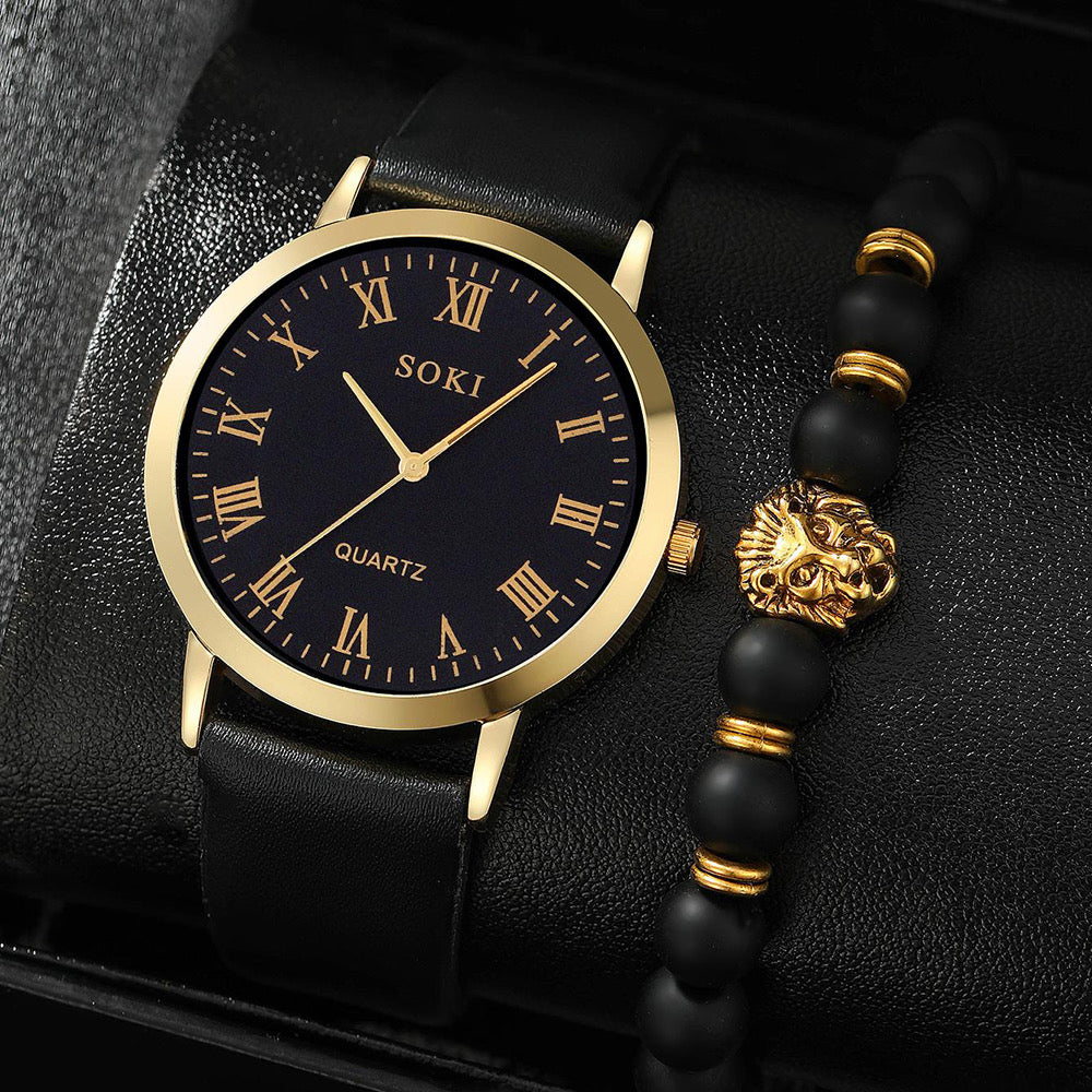 R153 Reloj elegante negro y dorado para hombre incluye pulsera