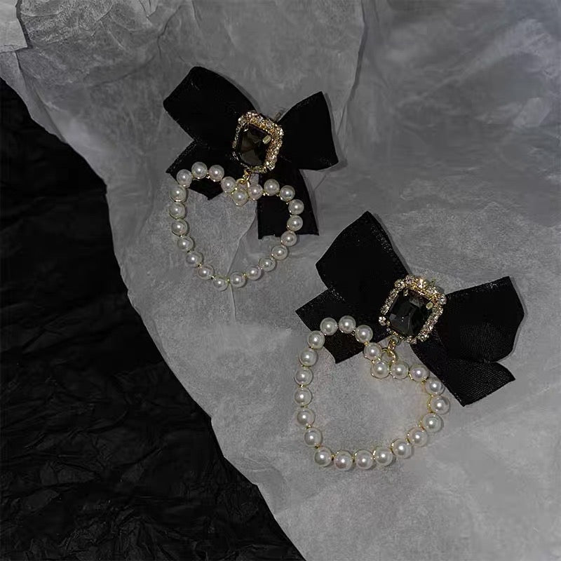 E2720 Aretes moño corazon perla cristal tela hermosos 5cm