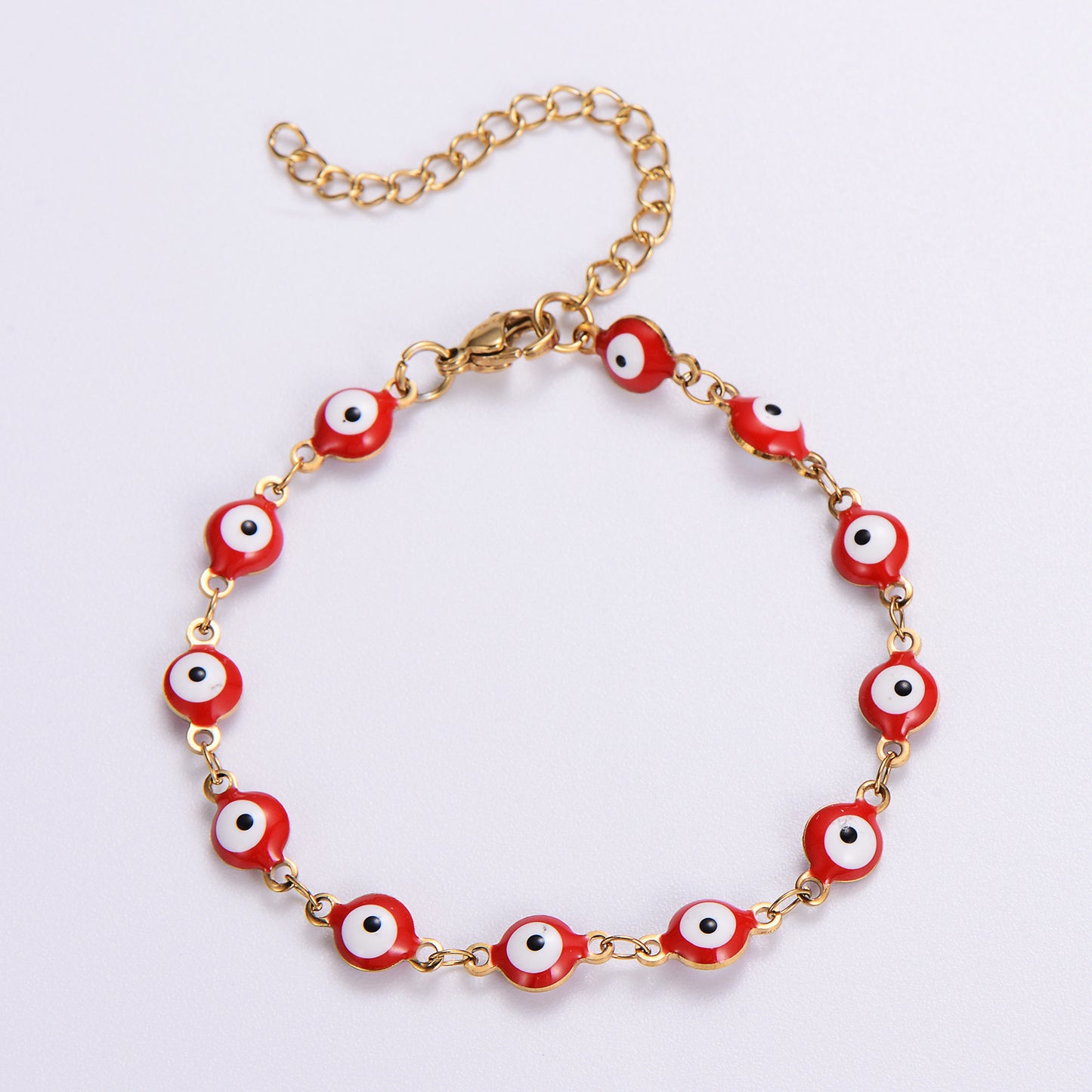 B357R Pulsera ojo turco rojo acero inoxidable chapado en oro 18k largo 21cm