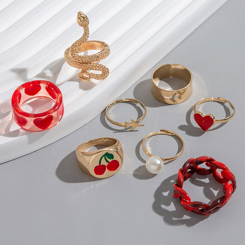 A600 Conjunto de anillos serpiente acrilico rojo aleacion medida para todos los dedos del 6 al 8cm
