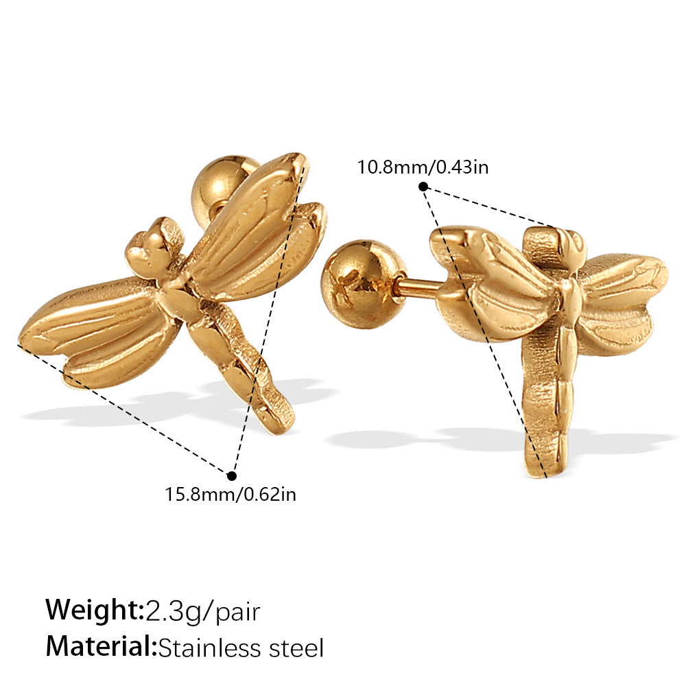E4584 Aretes libélula acero inoxidable chapado en oro de 18k 1cm