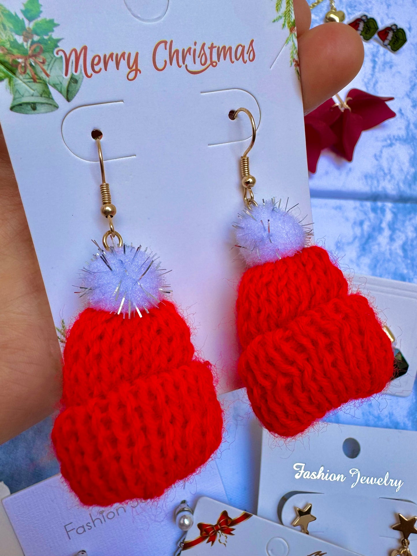 E1918 Aretes gorro Navidad tejido tela calientito 6.5cm