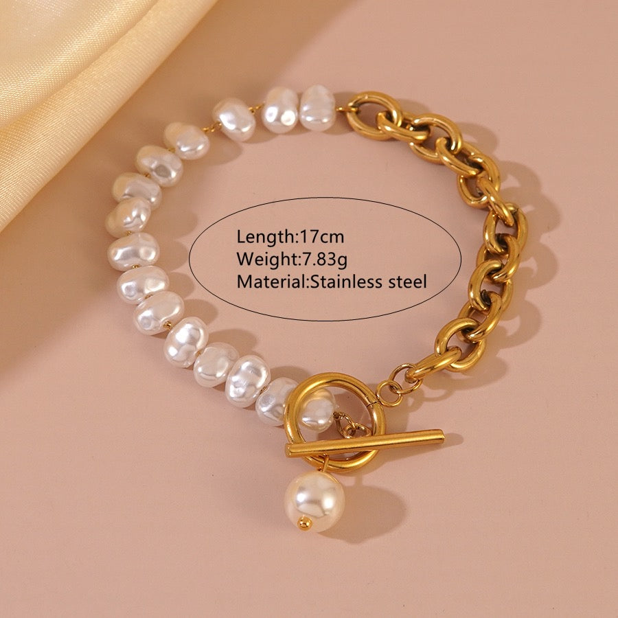 B662 Pulsera dorada con perlas acero inoxidable 20cm