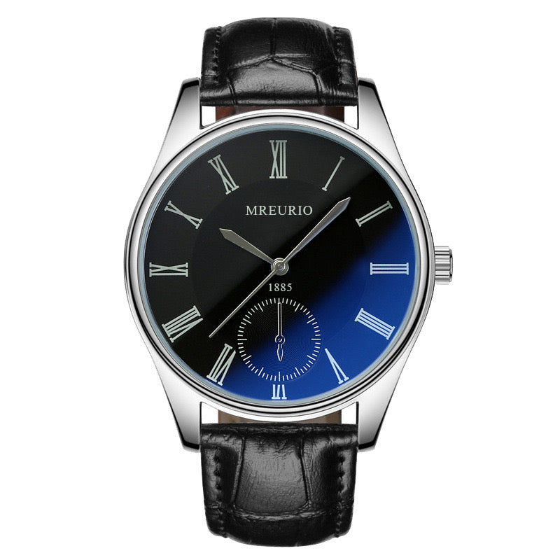 R125 Reloj caballero aguja de plata negro cuero sintetico