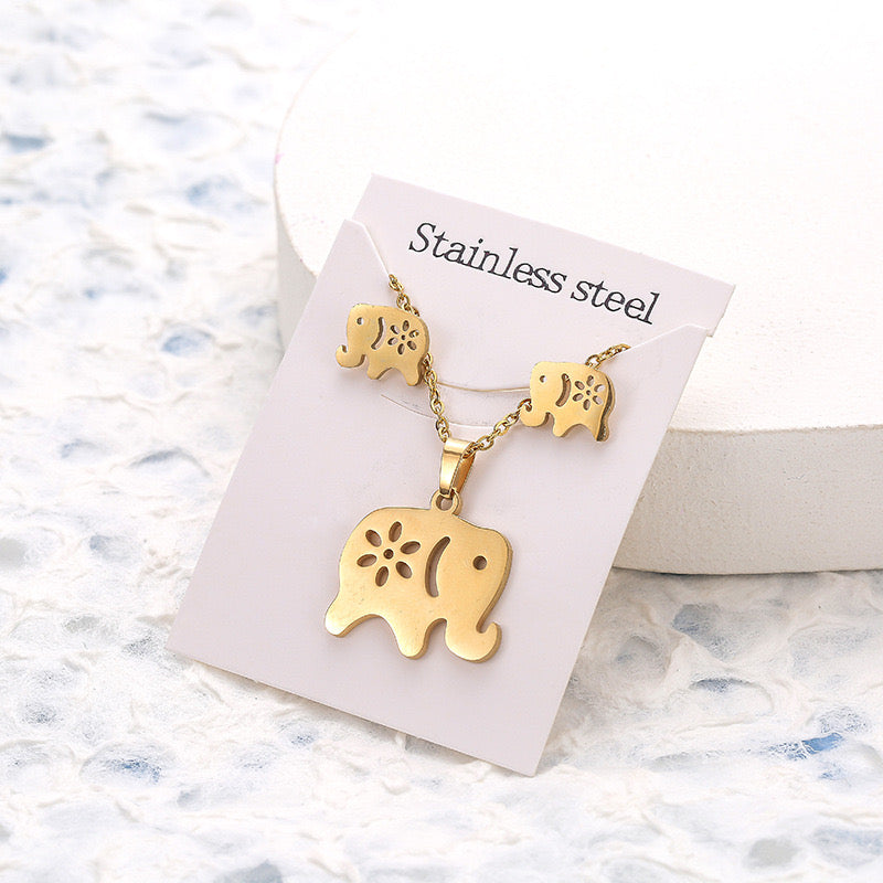 C588 Conjunto collar aretes elefante acero inoxidable largo 24cm dije 2cm aretes 1cm