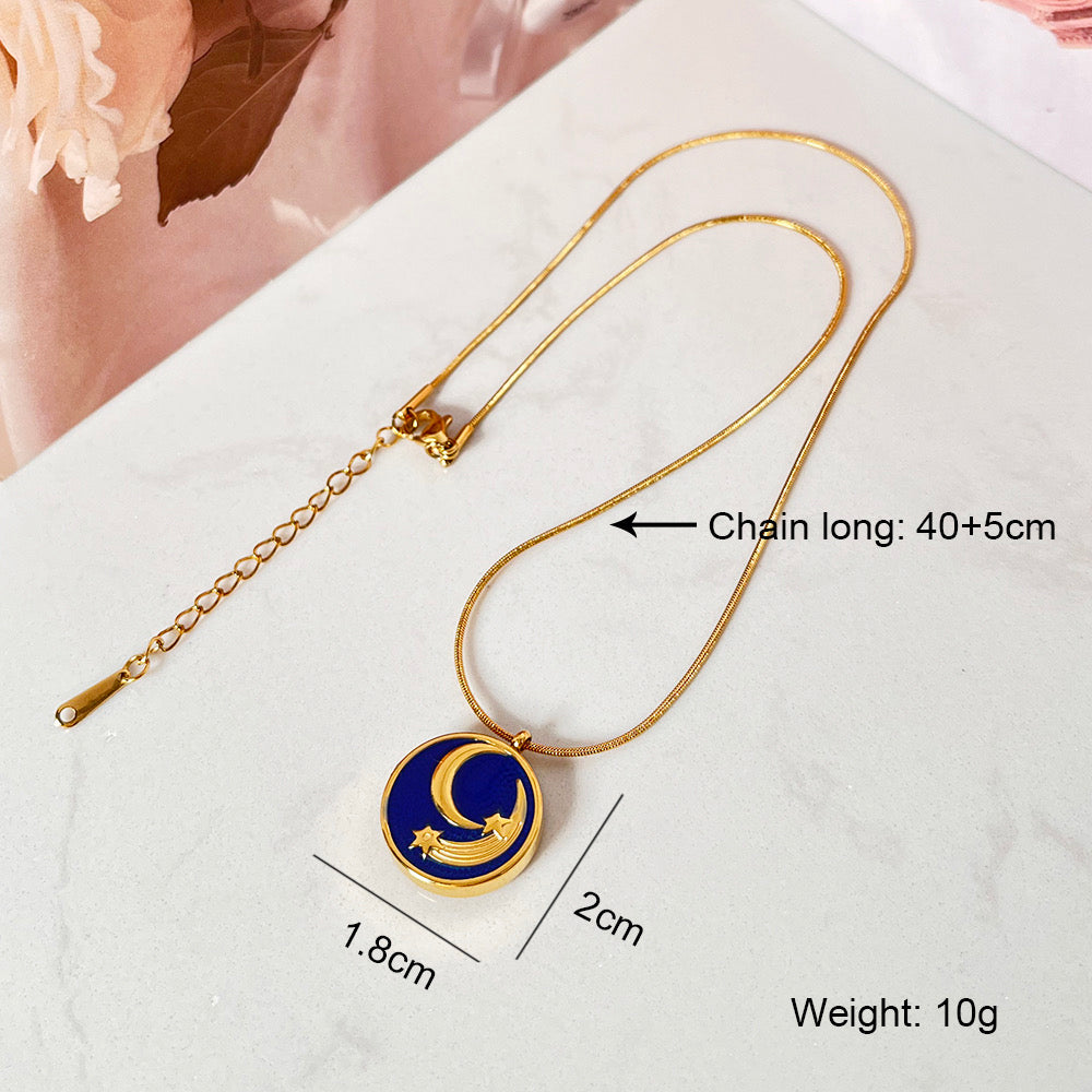 C407 Collar Luna acero inoxidable chapado en oro 18k largo 23cm dije 2cm