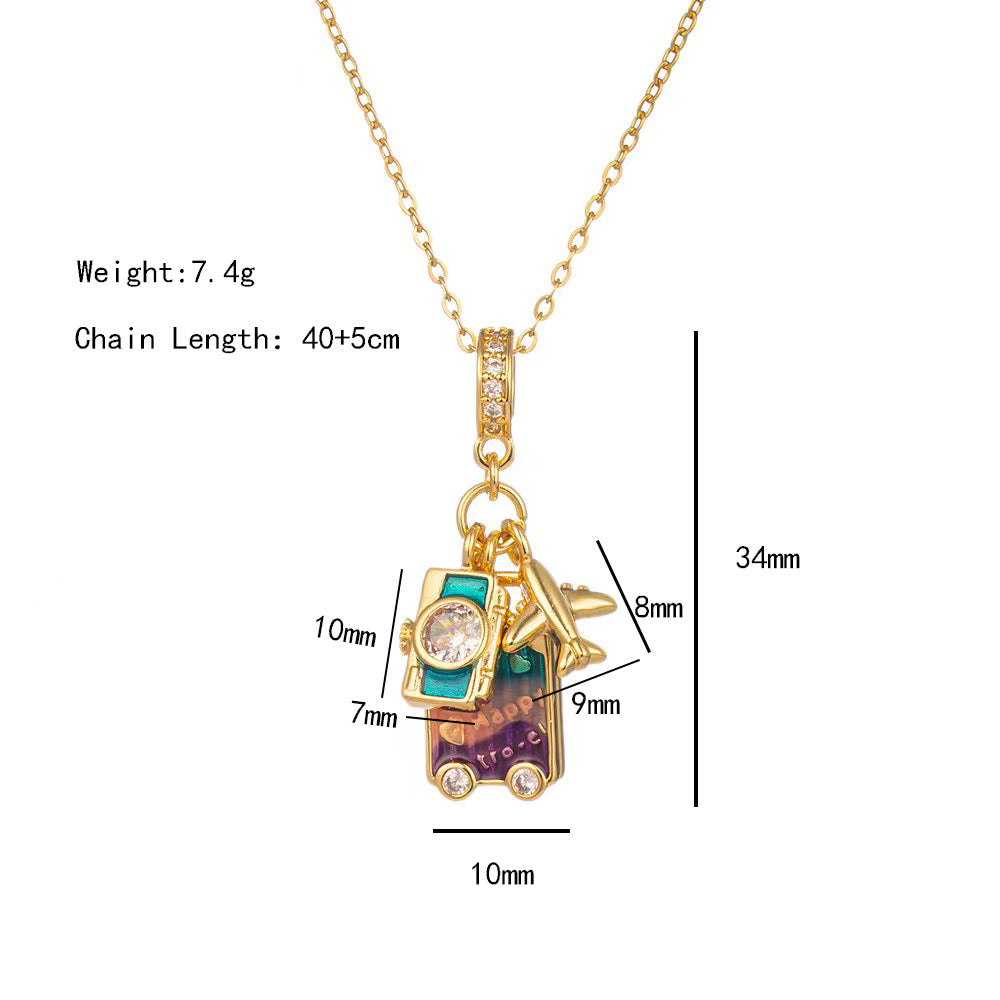 C509 Collar maletas viaje acero inoxidable chapado en oro 18k dije de cobre 27.5cm largo collar dije 1.5cm