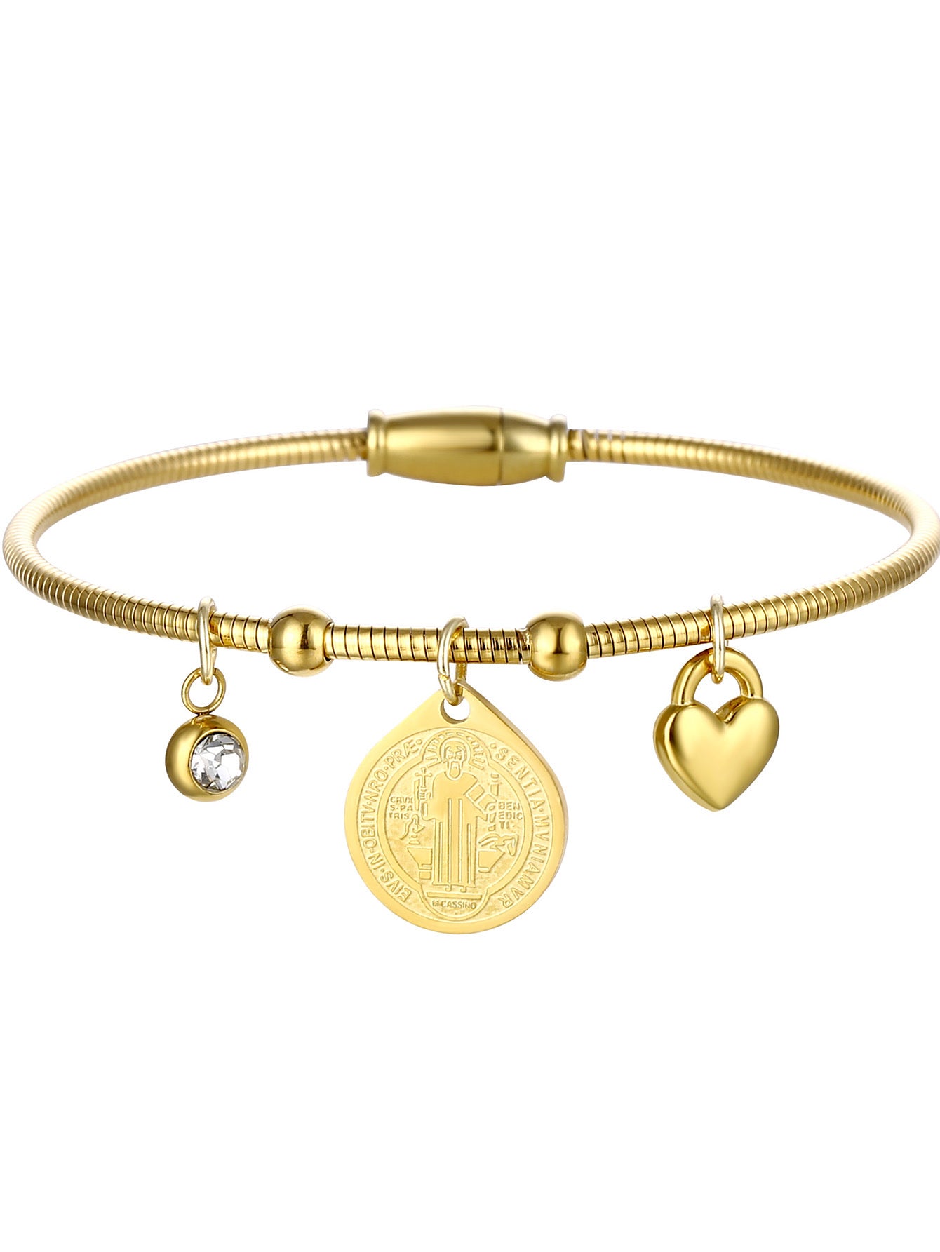 B613 Pulsera Magnetica De Acero Inoxidable Con Baño De Oro De 18K Pulsera Religiosa De Circonita Con Medalla De San Benito