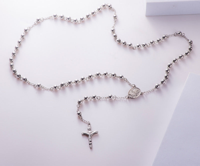 C729 Collar rosario plateado acero inoxidable 46cm largo