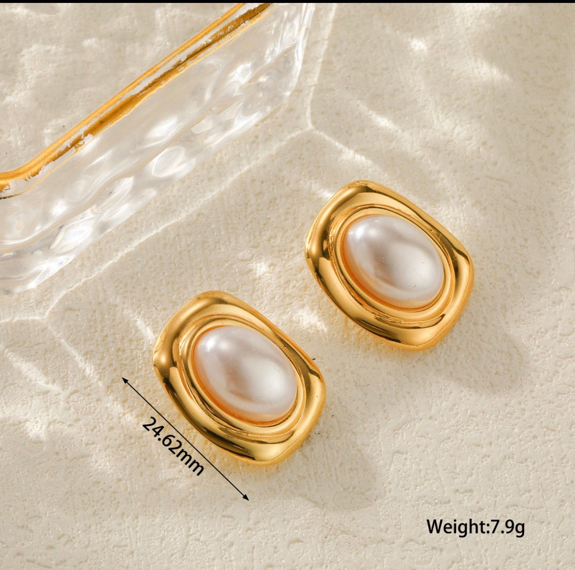 E6058 Aretes rectangulares dorados perla acero inoxidable 304 3cm