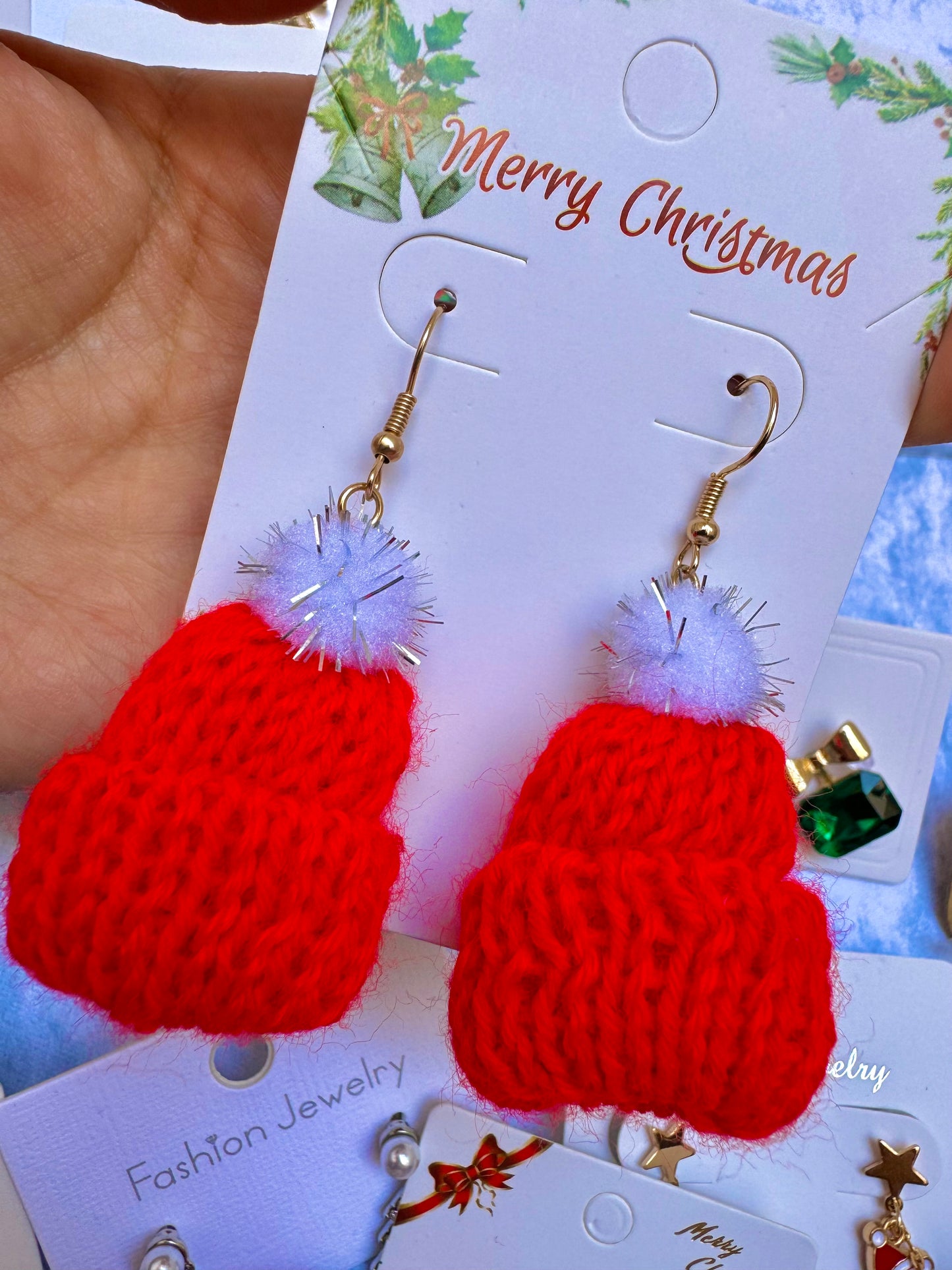 E1918 Aretes gorro Navidad tejido tela calientito 6.5cm