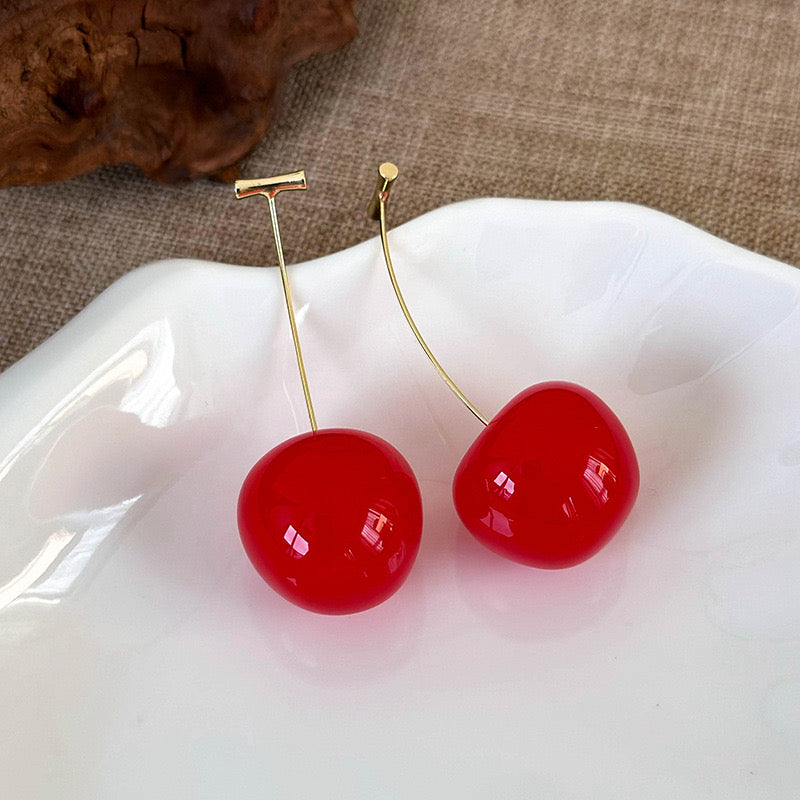 E2140 Aretes cereza roja grandes aleacion de zinc acrilico 6cm