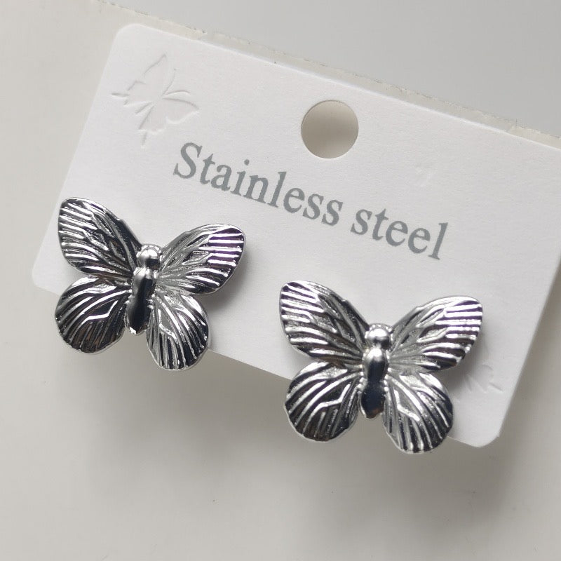 E3360 aretes mariposa plateados acero inoxidable chapado en oro de 18k 3cm