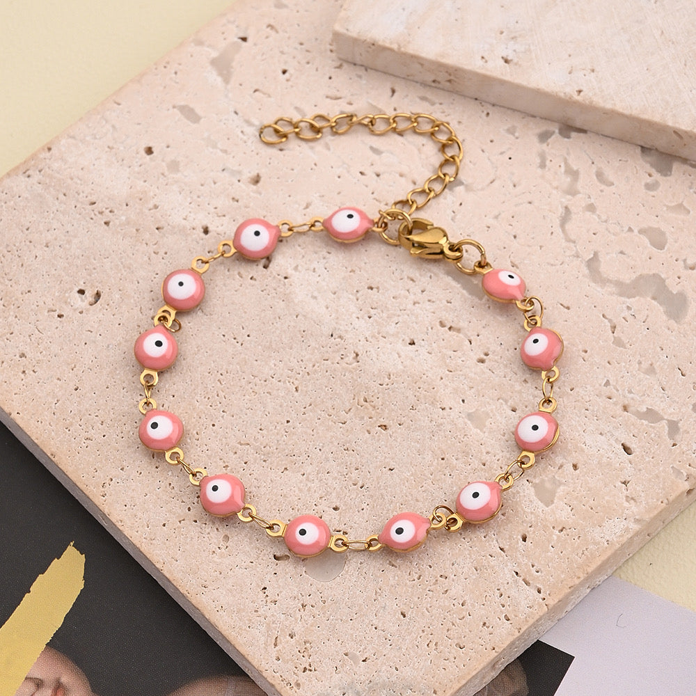B31R Pulseras ojo turco rosa acero inoxidable chapado en oro 18k