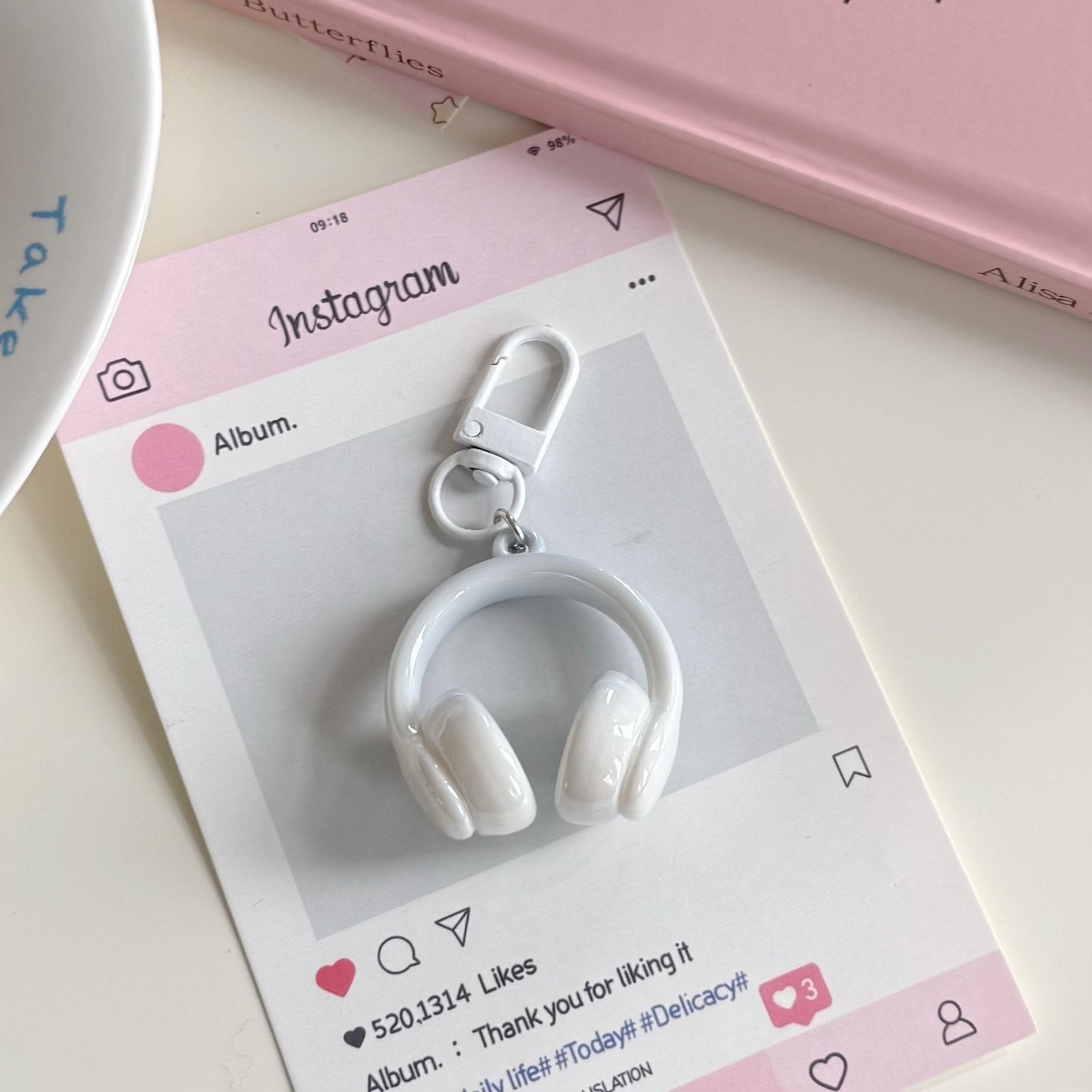 K140 llavero de audífonos blancos resina 4cm