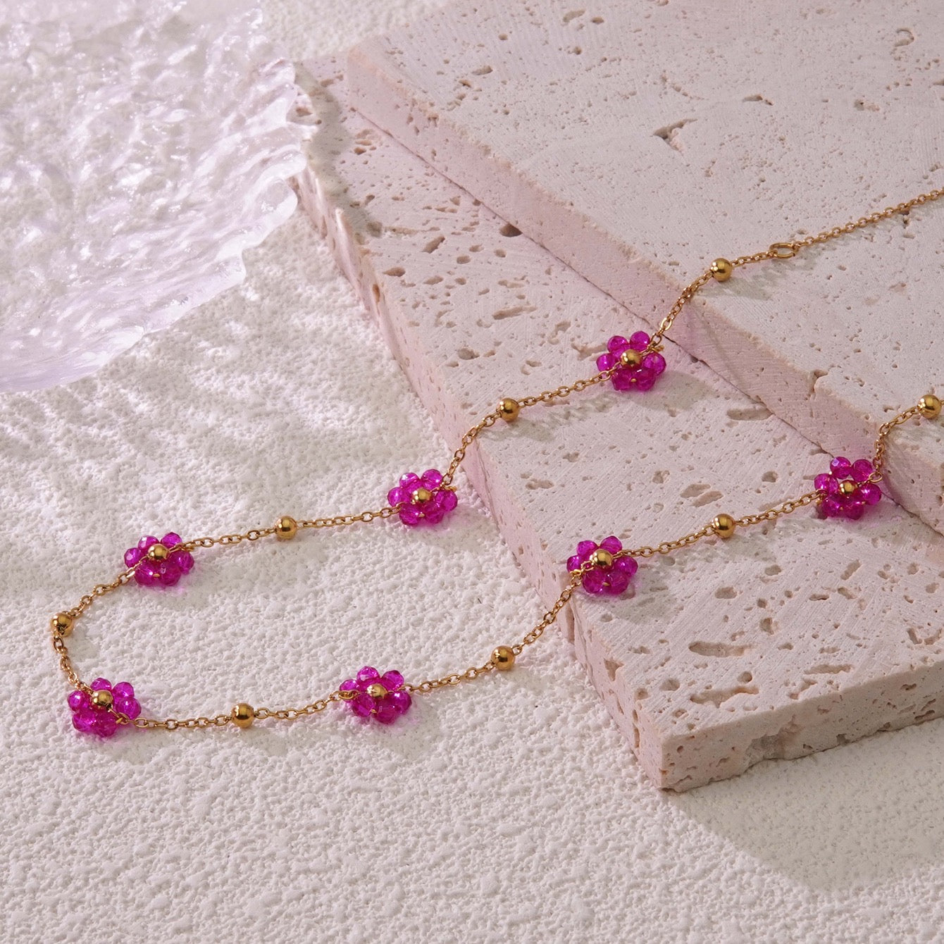 C640 Collar dorado flor rosa acero inoxidable chapado en oro 18k 23cm