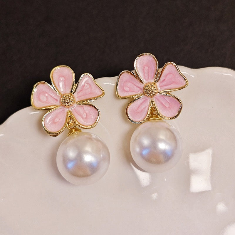 E6030 Aretes flor rosa perla aleacion 3cm