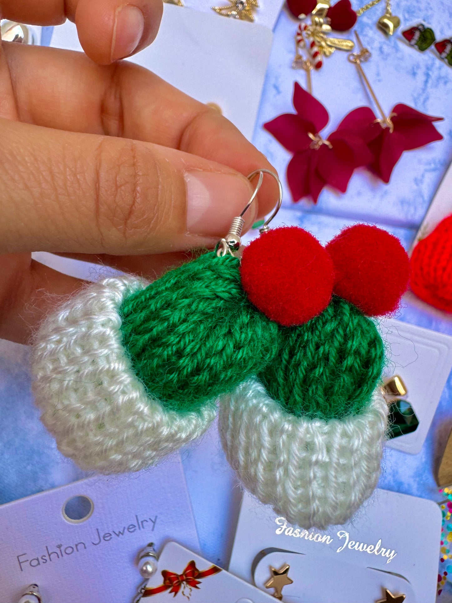 E1937 Aretes gorro Navidad tejido tela 5cm