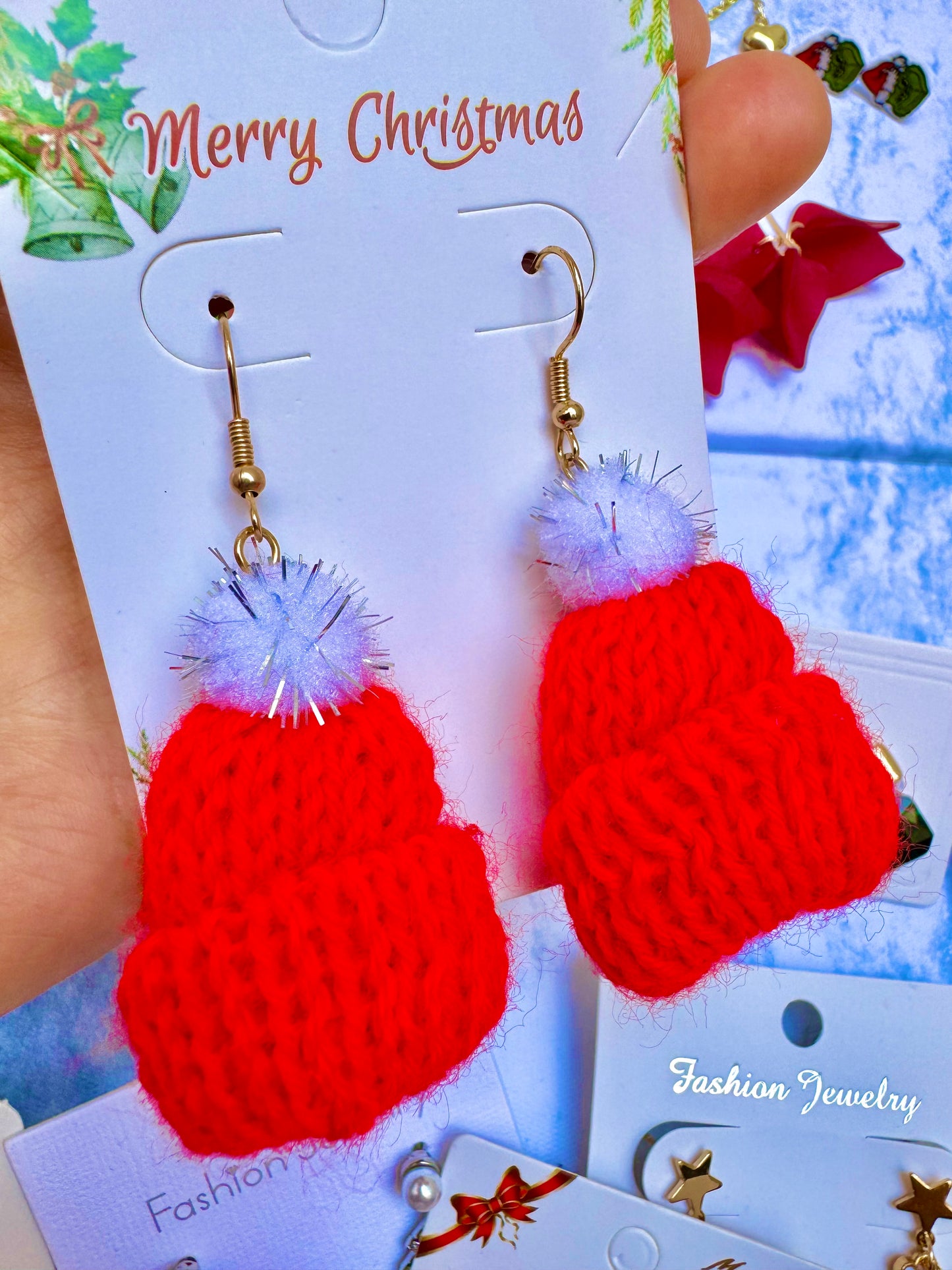 E1918 Aretes gorro Navidad tejido tela calientito 6.5cm