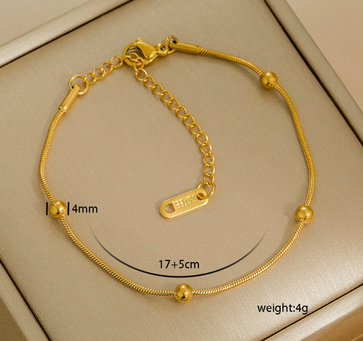 B847 Pulsera dorado bolitas acero inoxidable 22cm