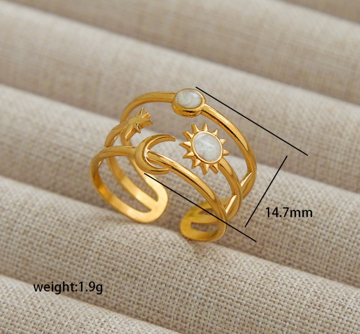 A203 Anillo sol luna blancos dorado abierto acero inoxidable