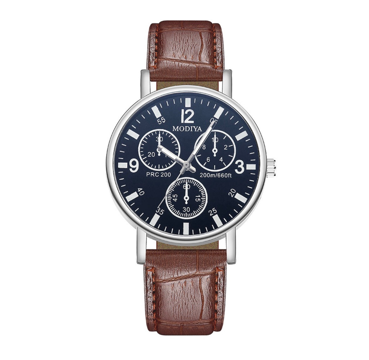 R161 Reloj ronda azul marino hebilla cafe cuero sintetico