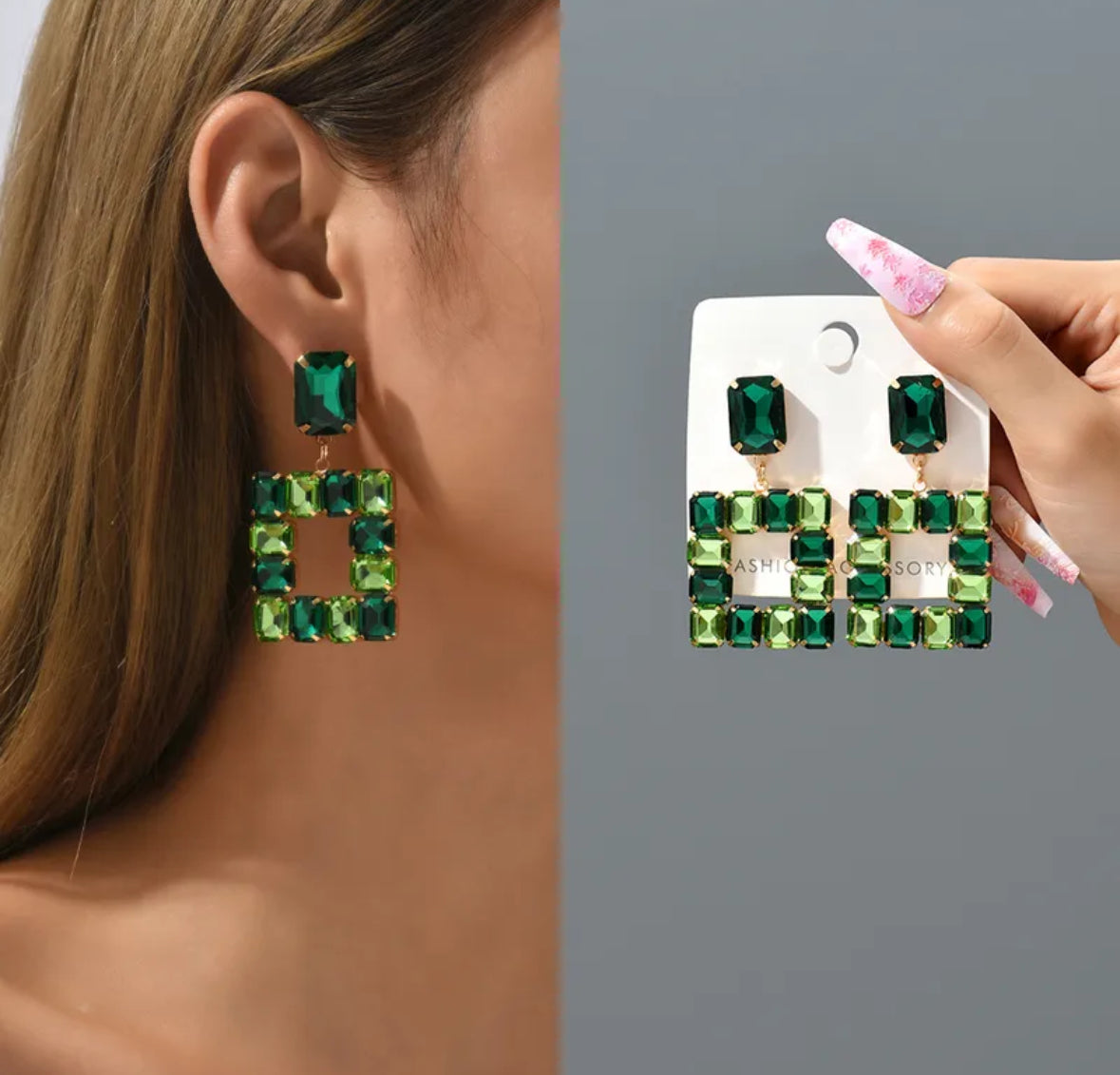 E3127 Aretes cuadro cristal verde fiesta cobre largo 5.5cm