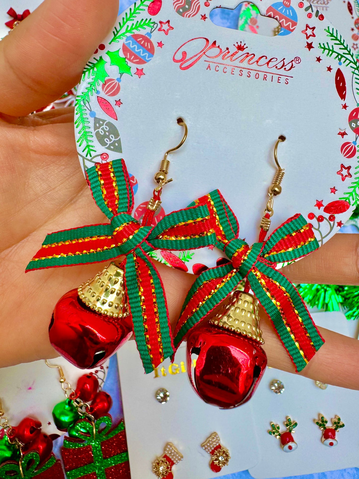 E1871 Aretes moño cascabel Navidad 6cm