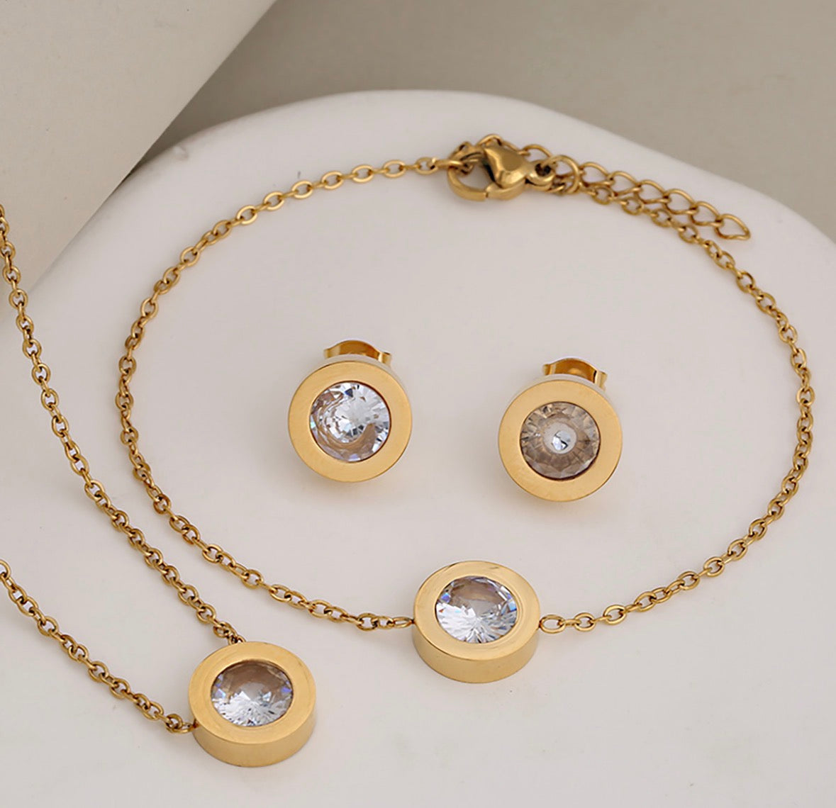 C1195B Conjunto collar pulsera aretes dorado cristal blanco acero inoxidable