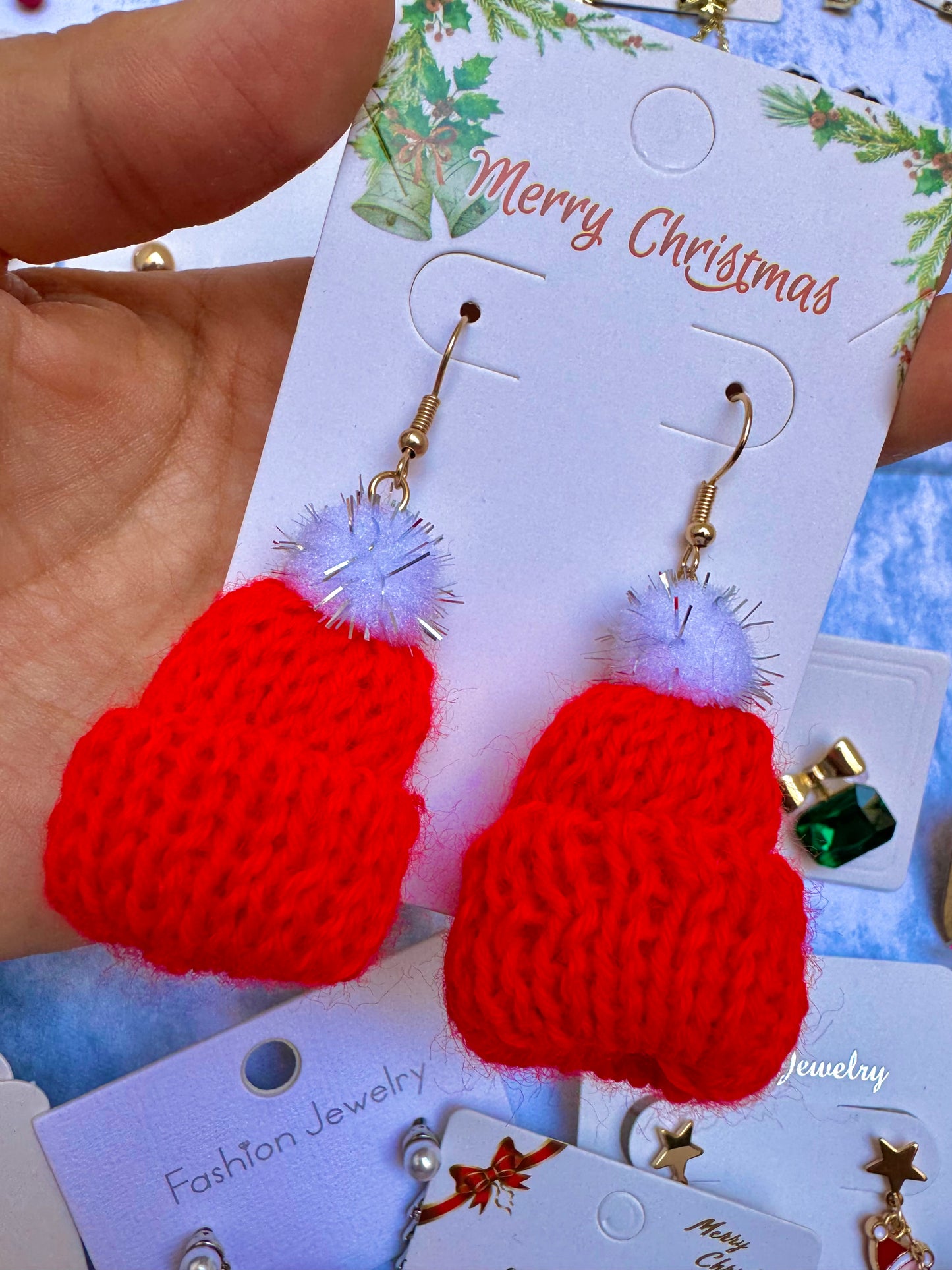 E1918 Aretes gorro Navidad tejido tela calientito 6.5cm