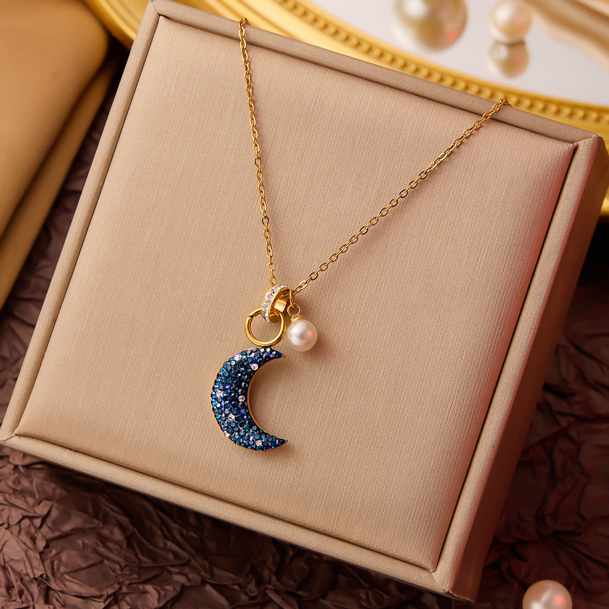 C889 collar luna azul acero titanio 22cm largo 1.5cm dije