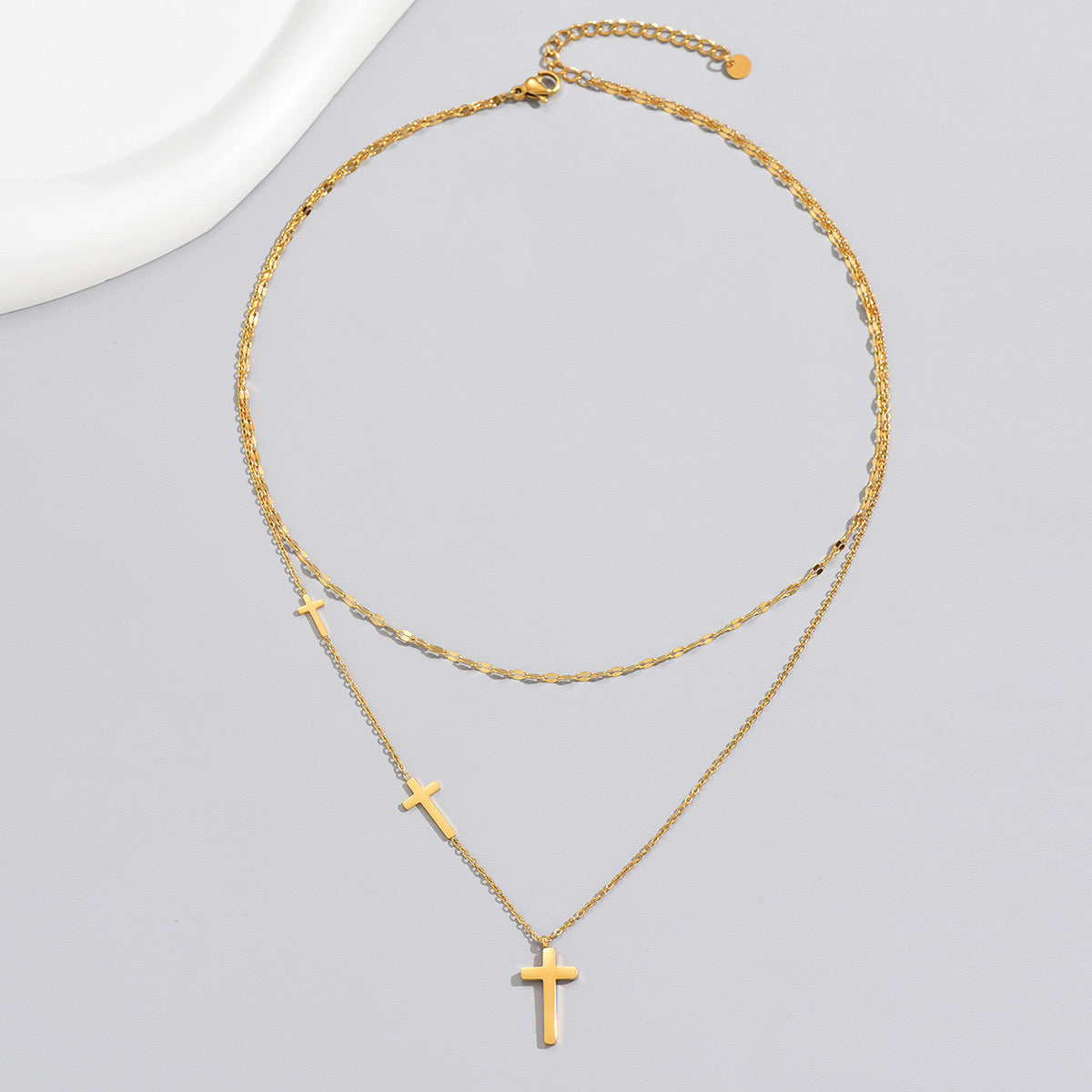 C781 Collar cruz doble acero inoxidable chapado en oro de 14k 24cm largo 2.5dije