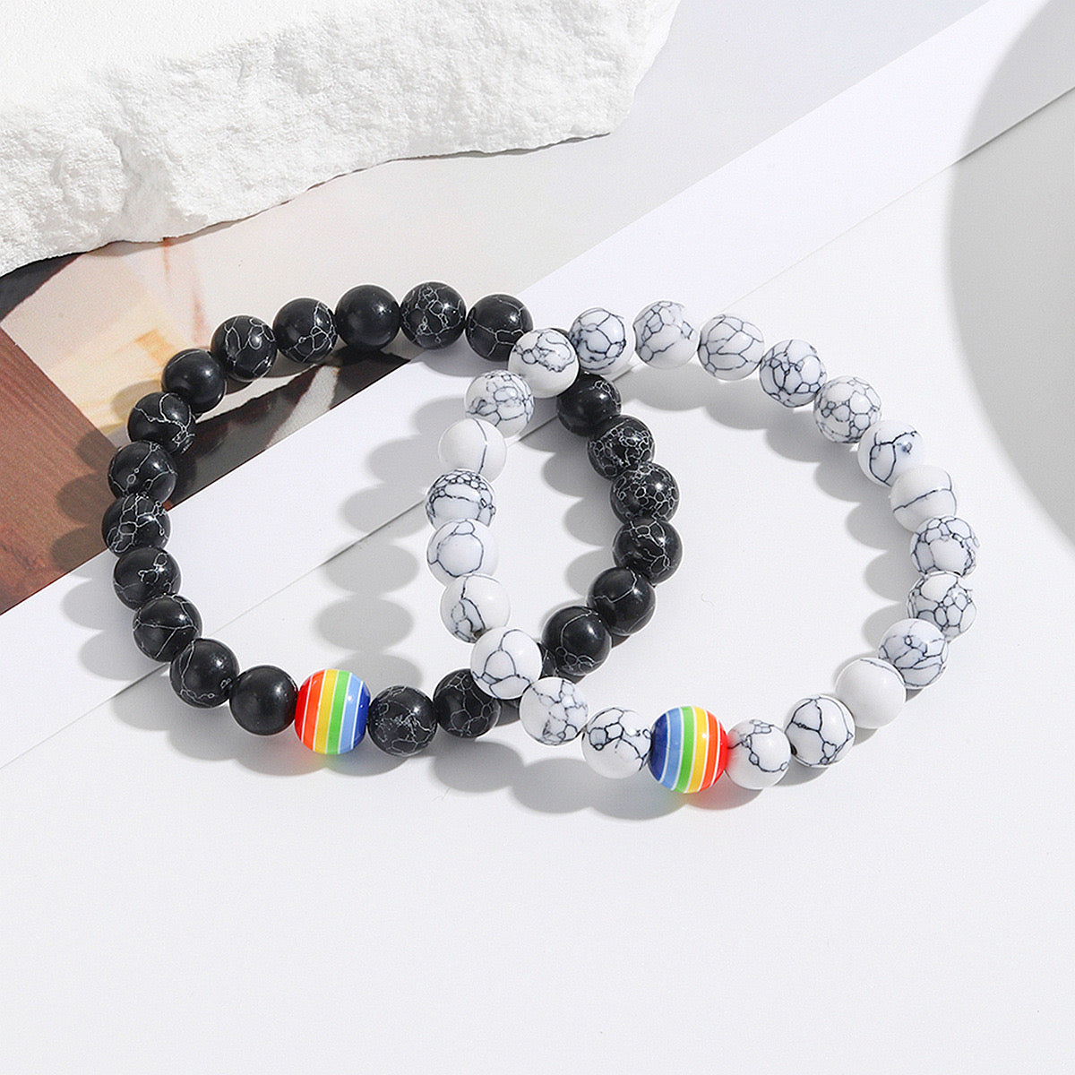 B244 Duo pulseras pareja gay arcoiris piedra elasticas