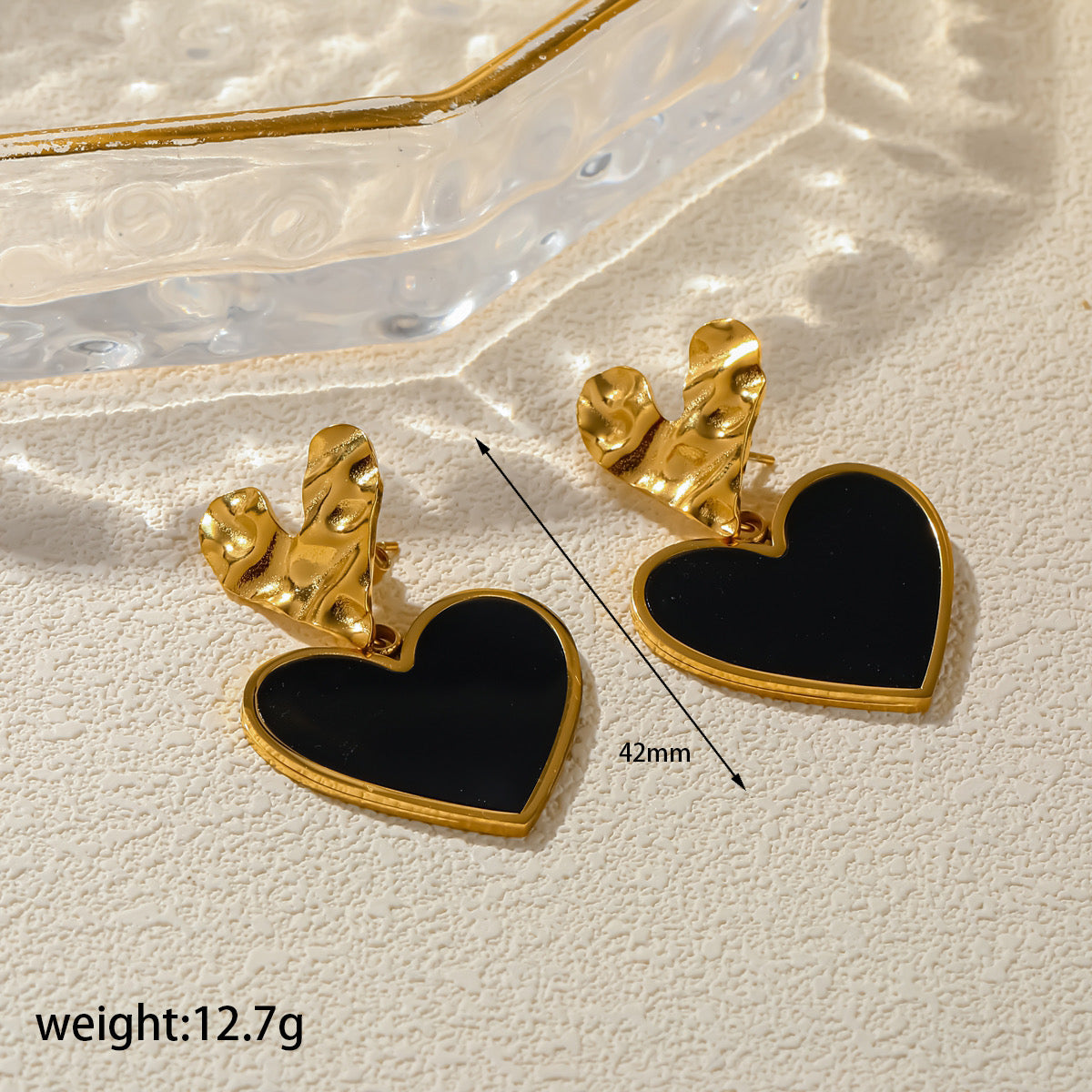 E6076 Aretes corazon negro colgante acero inoxidable 4.5 cm