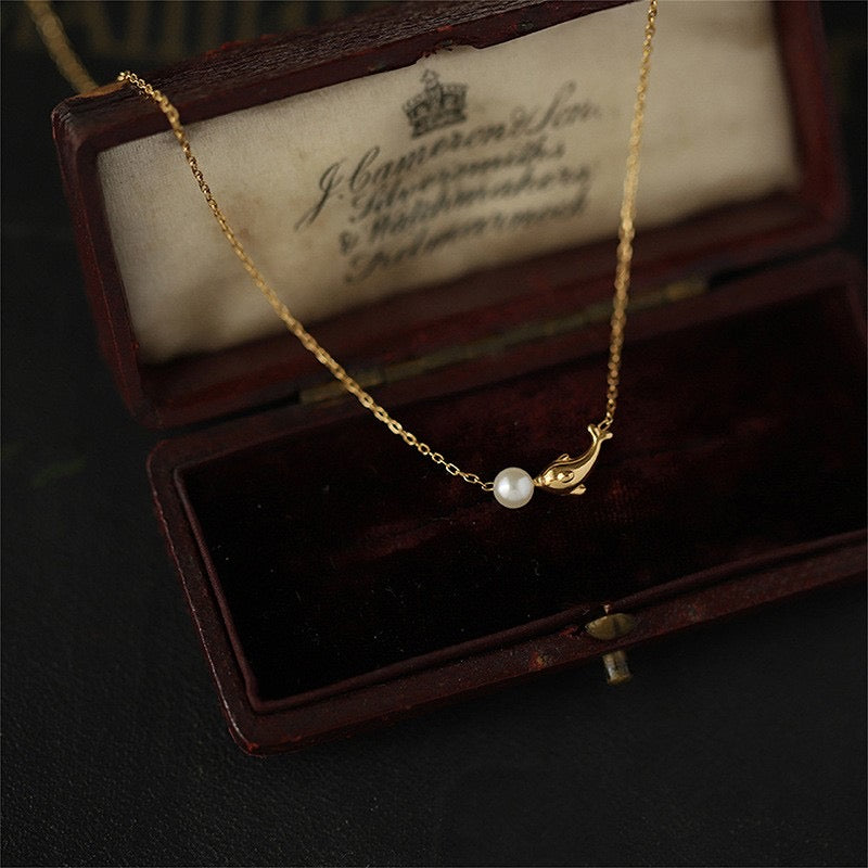 C1591 collar dorado delfín. Perla acero inoxidable 304 23cm